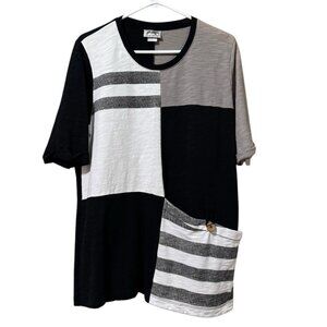 Wild Palms Women Size Medium Tunic Top Cotton Short Sleeve Button Artsy Classic